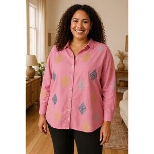 J Jill Camillia Shirt 3X Blouse Tunic Embroidered Cotton Pink 3/4 Sleeve Gift!